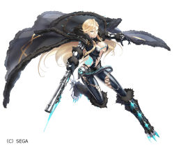 Rule 34 | 1girl, akamiso (k074510), black bodysuit, black cape, black footwear, black gloves, blonde hair, blue eyes, bodysuit, boots, breasts, cape, full body, fur trim, gloves, gun, highres, holding, holding gun, holding weapon, idola phantasy star saga, knee boots, large breasts, long hair, looking at viewer, official art, open mouth, phantasy star online 2, serious, shannon (idola), shiny clothes, simple background, solo, spikes, weapon, white background