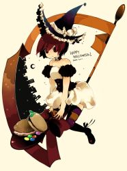 Rule 34 | 1girl, bad id, bad pixiv id, bow, brown eyes, candy, choker, crescent moon, dress, food, halloween, hat, macaron, moon, original, red eyes, red hair, ribbon, rinju umisu, short hair, solo, star (symbol), striped clothes, striped thighhighs, sumisu (rinsumi), thighhighs, witch hat