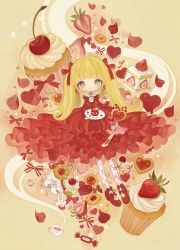 Rule 34 | 1girl, blunt bangs, bow, bright pupils, candy, cherry, cookie, cup, cupcake, dress, earrings, food, footwear bow, fruit, gradient background, grey eyes, hair ribbon, heart, heart-shaped food, highres, jewelry, layered dress, lolita fashion, long hair, long sleeves, looking at viewer, original, pantyhose, petals, plate, print pantyhose, red dress, red footwear, red ribbon, red theme, ribbon, shirosaki london, shoes, smile, solo, strawberry, teacup, thumbprint cookie, twintails, white pantyhose, white pupils