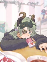 Rule 34 | 1girl, ahoge, black hoodie, blue eyes, blurry, blurry background, blurry foreground, blush, brown horns, character doll, commentary request, couch, curled horns, curry, eyepatch, food, fork, fruit, green hair, highres, hood, hood down, hoodie, horns, indoors, juice box, long sleeves, looking at viewer, low twintails, mask, mask on head, medium bangs, medium hair, mirror, nanashi inc., open mouth, pingu, pingu (series), pink nails, plant, plate, sekishiro mico, sleep mask, solo, strawberry, table, twintails, upper body, vines, virtual youtuber, yunagi teguru