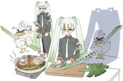 Rule 34 | 1girl, armband, black coat, closed eyes, closed mouth, coat, cooking, creatures (company), cutting, cutting board, fighting miku (project voltage), food, game freak, gen 8 pokemon, green hair, hair ornament, hatsune miku, highres, holding, holding knife, hotpot, knife, long hair, long sleeves, multiple views, mushroom, necktie, nintendo, pokemon, pokemon (creature), project voltage, shadow, shaking head, shoes, sirfetch&#039;d, spring onion, trembling, twintails, vegetable, very long hair, vocaloid, white necktie, yunayuispink