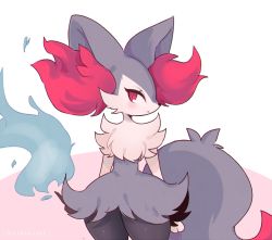 Rule 34 | 1girl, :&lt;, aliceyawnin, alternate color, animal ear fluff, animal ears, blue fire, blush, braixen, chromatic aberration, closed mouth, commission, cowboy shot, creatures (company), female focus, fire, fox ears, fox girl, fox tail, furry, furry female, game freak, gen 6 pokemon, highres, jpeg artifacts, looking at viewer, nintendo, pokemon, pokemon (creature), red eyes, shiny pokemon, simple background, solo, standing, tail, thick thighs, thighs, two-tone background, white background, wide hips