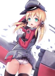 Rule 34 | 10s, 1girl, aqua eyes, ass, black thighhighs, blonde hair, blush, breasts, cowboy shot, from behind, gloves, hat, kantai collection, long hair, looking at viewer, low twintails, machinery, md5 mismatch, microskirt, milkshakework, panties, pantyshot, peaked cap, prinz eugen (kancolle), simple background, skirt, small breasts, solo, standing, tears, thighhighs, twintails, underwear, white background, white gloves, white panties