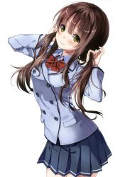 Rule 34 | 1girl, absurdres, blue jacket, blue shirt, blue skirt, blush, breasts, brown hair, buttons, closed mouth, collared shirt, cowboy shot, dress shirt, green eyes, hair between eyes, hands in hair, hands up, head tilt, highres, jacket, legs together, long hair, long sleeves, looking at viewer, miniskirt, original, pink lips, pleated skirt, pocket, scan, school uniform, shirt, sidelocks, simple background, skirt, smile, solo, twintails, unasaka ryou, white background, wing collar