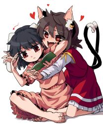 Rule 34 | 2girls, animal ears, barefoot, black hair, book, bow, bowtie, brown hair, carrot necklace, cat ears, cat tail, chen, dress, fang, floppy ears, frilled sleeves, frills, hat, heart, heart-shaped pupils, heart tail, highres, inaba tewi, jewelry, kusiyan, long sleeves, lovestruck, medium hair, mob cap, multiple girls, multiple tails, necklace, nekomata, open mouth, pink dress, puffy short sleeves, puffy sleeves, rabbit ears, rabbit girl, red eyes, red skirt, red vest, ribbon-trimmed dress, ribbon-trimmed skirt, ribbon trim, shirt, short hair, short sleeves, skirt, smile, socks, symbol-shaped pupils, tail, touhou, two tails, vest, white shirt, yellow bow, yellow bowtie