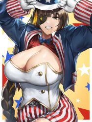 Rule 34 | 1girl, absurdres, american flag, american flag print, arms up, blue bow, blue bowtie, blue jacket, bow, bowtie, braid, breasts, brown eyes, brown hair, cleavage, commentary, cowboy shot, english commentary, eyepatch, flag print, fourth of july, girls&#039; frontline, gloves, grin, hat, highres, huge breasts, jacket, long hair, long sleeves, looking at viewer, m16a1 (girls&#039; frontline), mole, mole under eye, multicolored hair, novum, open clothes, open jacket, scar, scar on face, shorts, smile, solo, star (symbol), streaked hair, striped, united states