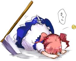 Rule 34 | 1girl, bad id, bad pixiv id, coin, commentary, face down, female focus, hair bobbles, hair ornament, lowres, onozuka komachi, puffy short sleeves, puffy sleeves, red hair, scythe, shiro (pixiv 76048), shiroshi (denpa eshidan), short hair, short sleeves, short twintails, simple background, solo, stuck, touhou, twintails, two side up, white background