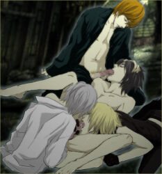 Rule 34 | 2007, 4boys, all male, anal, censored, death note, fellatio, group sex, hand on another&#039;s head, l (death note), male penetrated, mello (death note), mmmm foursome, multiple boys, near (death note), oral, tagme, yagami light, yaoi