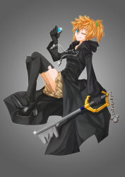 Rule 34 | 1girl, alternate hairstyle, black coat (kingdom hearts), blonde hair, blue eyes, boots, cloak, coat, gender request, genderswap, gloves, hair ornament, high heel boots, high heels, highres, keyblade, kingdom hearts, marble (toy), one eye closed, roxas, side ponytail, skirt, solo, soyko, thigh boots, thighhighs, wink