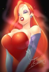 Rule 34 | 1girl, blurry, breasts, character name, cleavage, clenched teeth, detached sleeves, dress, earrings, grey eyes, hair over one eye, jessica rabbit, jewelry, large breasts, lipstick, makeup, official style, orange hair, red dress, red lips, sequins, solo, strapless, strapless dress, teeth, u-min, upper body, who framed roger rabbit