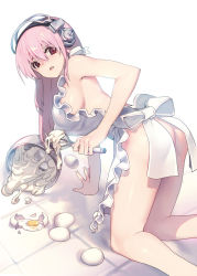 Rule 34 | 1girl, all fours, apron, ass, blush, breasts, broken egg, egg, headphones, large breasts, long hair, matsuki ringo, mixing bowl, naked apron, nitroplus, pink eyes, pink hair, red eyes, solo, spill, super sonico, whisk, wisp