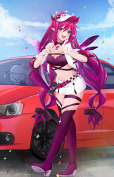Rule 34 | + +, 1girl, absurdly long hair, blush, boots, bow, breasts, brown bow, car, choker, cleavage, collarbone, day, full body, green eyes, guyrys, hair bow, heart, heart hands, high heel boots, high heels, highres, hololive, hololive english, horns, irys (hololive), k-rumi, large breasts, long hair, looking at viewer, motor vehicle, multicolored hair, navel, open mouth, outdoors, pink eyes, pink hair, pointy ears, race queen, red hair, skirt, smile, teeth, thigh boots, upper teeth only, very long hair, virtual youtuber, white skirt