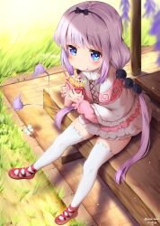 Rule 34 | 10s, 1girl, beads, blue eyes, blunt bangs, blush, bug, butterfly, capelet, crepe, day, dress, eating, food, grass, hair beads, hair ornament, hairband, highres, insect, kanna kamui, kobayashi-san chi no maidragon, light purple hair, long hair, looking at viewer, nyum, outdoors, red footwear, shade, shoes, sitting, solo, tail, tail wagging, thighhighs, thighs, twintails, white thighhighs, zettai ryouiki
