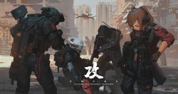 Rule 34 | 1girl, 6+boys, absurdres, aircraft, assault rifle, backpack, badge, bag, battlefield, black gloves, black pants, black soldier, body armor, brown hair, building, chinese commentary, city, day, english text, exoskeleton, gloves, gun, handgun, headgear, headset, helicopter, helmet, highres, holding, holding gun, holding weapon, huge filesize, knee pads, looking down, military, military uniform, multiple boys, original, outdoors, pants, pistol, pouch, rifle, science fiction, short hair, skyscraper, twintails, uniform, weapon