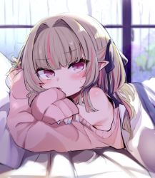 Rule 34 | 1girl, bare shoulders, bed sheet, black ribbon, blue nails, blush, commentary, grey hair, hair intakes, hair ribbon, heart, heart-shaped pupils, highres, indoors, long hair, looking at viewer, lying, makaino ririmu, multicolored hair, nail polish, nijisanji, off-shoulder sweater, off shoulder, on stomach, parted lips, pillow, pink eyes, pink hair, pink sweater, pointy ears, ribbon, sleeves past wrists, solo, streaked hair, sweatdrop, sweater, symbol-shaped pupils, twintails, two-tone hair, under covers, upper body, utsusumi kio, virtual youtuber, window