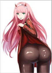 Rule 34 | 10s, 1girl, ass, breasts, candy, clothes lift, darling in the franxx, food, from behind, green eyes, hairband, horns, huge ass, lollipop, long hair, looking at viewer, looking back, military, military uniform, narrow waist, pants, pink hair, sc 068, shiny clothes, sideboob, skirt, skirt hold, skirt lift, solo, uniform, zero two (darling in the franxx)