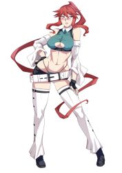 Rule 34 | 1girl, arc system works, belt, black footwear, boots, breasts, chaos code, cleavage, contrapposto, crop top, detached sleeves, fingerless gloves, fk digital, full body, glasses, gloves, groin, hand on leg, hand on own hip, hermes gberardini, highleg, highleg panties, large breasts, long hair, long sleeves, looking at viewer, midriff, navel, panties, ponytail, red hair, shoes, sidelocks, simple background, solo, standing, stomach, string panties, thighhighs, underboob, underwear, very long hair, vest, white background, white thighhighs