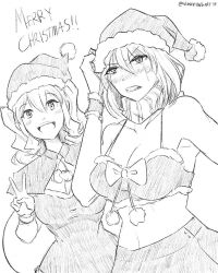 Rule 34 | 2girls, alternate costume, arm up, bare arms, bare shoulders, bikini, blush, christmas, english text, frown, greyscale, hand on headwear, hat, kantai collection, kashima (kancolle), looking at viewer, merry christmas, midriff, monochrome, multiple girls, aged up, re-class battleship, santa bikini, santa costume, santa hat, scarf, short hair, signature, simple background, sketch, smile, swimsuit, twintails, v, wangphing, white background