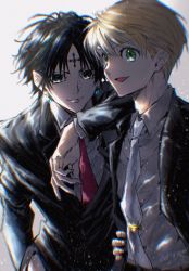 Rule 34 | 2boys, :d, arm on another&#039;s shoulder, black hair, black jacket, blonde hair, blue necktie, chrollo lucilfer, cross tattoo, dated, earrings, facial mark, forehead mark, forehead tattoo, formal, green eyes, grey background, grey shirt, hand in pocket, highres, hunter x hunter, jacket, jewelry, kana129, light particles, long hair, long sleeves, male focus, multiple boys, necktie, open mouth, pink necktie, shalnark, shirt, short hair, signature, smile, suit, tie clip, upper body, white shirt