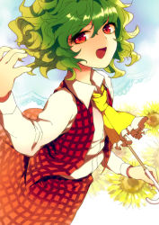 Rule 34 | 1girl, :d, arm up, ascot, bad id, bad pixiv id, female focus, flower, green hair, kazami yuuka, kogiso, long sleeves, looking at viewer, open mouth, parasol, plaid, plaid skirt, plaid vest, red eyes, skirt, skirt set, smile, solo, sunflower, touhou, umbrella, vest, wavy hair