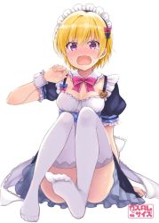 Rule 34 | 1girl, :o, artist name, black bow, blonde hair, blush, bow, bowtie, breasts, clenched hands, commentary request, crying, detached collar, frilled sleeves, frills, hair bow, idolmaster, idolmaster shiny colors, maid, maid headdress, name tag, no shoes, nose blush, open mouth, pink bow, pink bowtie, purple eyes, saijo juri, sakurai makoto (custom size), short hair, short sleeves, simple background, skirt, small breasts, solo, tears, thighhighs, v-shaped eyebrows, white background, white thighhighs, wrist cuffs