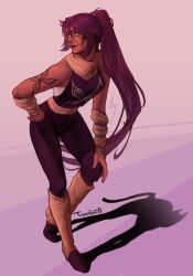 Rule 34 | 1girl, absurdres, artist name, bleach, butterfly tattoo, commentary, dark-skinned female, dark skin, different shadow, english commentary, hair between eyes, highres, long hair, parted bangs, ponytail, purple hair, shadow, shihouin yoruichi, smile, solo, tattoo, txnshi, yellow eyes