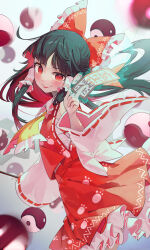Rule 34 | 1girl, bare shoulders, between fingers, black hair, blush, bow, closed mouth, cowboy shot, detached sleeves, frilled skirt, frills, hair bow, hair tubes, hakurei reimu, highres, holding, japanese clothes, long hair, nontraditional miko, ofuda, ofuda between fingers, orb, red bow, red eyes, red skirt, ribbon-trimmed sleeves, ribbon trim, sidelocks, skirt, smile, solo, syuri22, tongue, tongue out, touhou, unfinished dream of all living ghost, white sleeves, wide sleeves, yin yang, yin yang orb