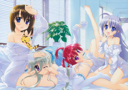 Rule 34 | 10s, 4girls, absurdres, agito (nanoha), ahoge, arm support, arm up, ass, asteion, barefoot, between breasts, blue eyes, blue hair, bow, bow panties, breasts, brown hair, cleavage, cup, dress shirt, einhard stratos, feet, flat chest, fujima takuya, hair ornament, hair ribbon, hairclip, hand to own mouth, highres, leg up, long hair, looking at viewer, looking back, lying, lyrical nanoha, mahou shoujo lyrical nanoha vivid, multiple girls, no shoes, off shoulder, official art, one eye closed, open mouth, panties, purple eyes, red hair, reinforce zwei, ribbon, see-through, see-through silhouette, shirt, side-tie panties, sidelocks, silver hair, sitting, smile, striped clothes, striped panties, tears, thighhighs, toothbrush, twintails, underwear, white legwear, white panties, window blinds, x hair ornament, yagami hayate, yawning, yokozuwari
