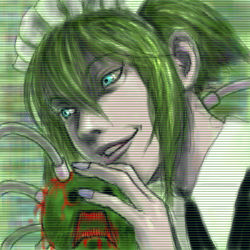 Rule 34 | 1girl, android, blood, blue eyes, cable, close-up, evil grin, evil smile, green hair, grin, holding, iya maid, lips, lowres, maid, maid headdress, marimo, nail polish, o o, open mouth, original, pain, short hair, smile, solo, teeth