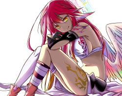 Rule 34 | 10s, 1girl, :p, :q, absurdres, angel wings, asymmetrical legwear, breasts, bridal gauntlets, spiked halo, crop top, cross, feathered wings, gloves, gradient hair, halo, highres, jeffrey10, jibril (no game no life), long hair, looking at viewer, low wings, magic circle, midriff, mismatched legwear, multicolored hair, no game no life, pink hair, sideboob, simple background, sitting, socks, solo, striped clothes, striped socks, striped thighhighs, symbol-shaped pupils, tattoo, thighhighs, tongue, tongue out, very long hair, white background, wing ears, wings, yellow eyes