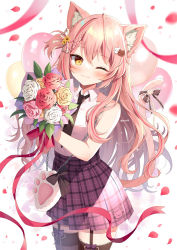 Rule 34 | 1girl, ;), animal ear fluff, animal ears, balloon, black necktie, blush, braid, brown eyes, brown thighhighs, cat ears, cat hair ornament, chain, closed mouth, collared shirt, commentary request, copyright request, flower, garter straps, hair between eyes, hair flower, hair ornament, hair ribbon, mauve, necktie, one eye closed, one side up, petals, pink hair, plaid, plaid skirt, pleated skirt, purple skirt, red ribbon, ribbon, shirt, simple background, skirt, sleeveless, sleeveless shirt, smile, solo, striped clothes, striped thighhighs, thighhighs, vertical-striped clothes, vertical-striped thighhighs, virtual youtuber, white background, white ribbon, white shirt, yellow flower