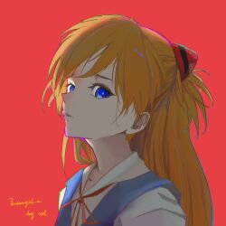 Rule 34 | 1girl, absurdres, artist request, blue eyes, blue skirt, bow, bowtie, bright pupils, brown hair, collarbone, collared shirt, dress shirt, highres, interface headset, long hair, looking at viewer, neon genesis evangelion, red background, school uniform, shirt, simple background, skirt, solo, souryuu asuka langley, tokyo-3 middle school uniform, two side up, upper body, v-shaped eyebrows, white shirt