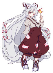 Rule 34 | 1girl, absurdres, baggy pants, blush stickers, bow, closed mouth, collared shirt, fire, fujiwara no mokou, full body, grey hair, hair bow, highres, kame (kamepan44231), long hair, long sleeves, pants, red eyes, red footwear, red pants, shirt, shoes, simple background, sleeve garter, solo, touhou, white background, white bow, white shirt