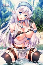Rule 34 | 1girl, absurdres, beach, black panties, bra, breast hold, breasts, choker, cleavage, elf, flower, garter straps, hairband, highres, juliet gilbert, ko~cha, large breasts, leaf, looking at viewer, nipples, open mouth, outdoors, panties, partially submerged, plant, pointy ears, sand, sitting, solo, thighhighs, tree, underwear, undressing, wariza, water, wet, white hair, yuukyuu no campanella