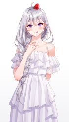Rule 34 | 1girl, :q, ahoge, arm behind back, braid, braided ponytail, dress, flower, food, food on head, fruit, grey hair, hair between eyes, hair flower, hair ornament, highres, looking at viewer, multicolored eyes, object on head, off-shoulder dress, off shoulder, original, side ponytail, simple background, solo, strawberry, tongue, tongue out, unjem, white background, white dress
