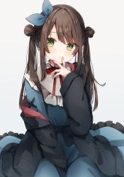 Rule 34 | 1girl, :t, between legs, black jacket, blue bow, blue dress, blue nails, bow, brown hair, commentary, double bun, dress, frilled dress, frilled shirt collar, frills, green eyes, green nails, hair bow, hair bun, hand between legs, hand up, heripiro, highres, jacket, long hair, long sleeves, looking away, multicolored nails, nail polish, original, pink nails, puffy long sleeves, puffy sleeves, sidelocks, simple background, solo, twintails, white background