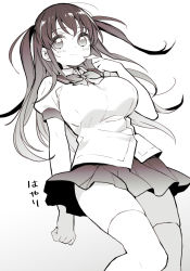Rule 34 | 1girl, blush, breasts, character name, character request, closed mouth, collared shirt, dress shirt, gradient background, grey background, greyscale, hand up, highres, itsumi (itumiyuo), long hair, medium breasts, mizuhara hayari, monochrome, pleated skirt, puffy short sleeves, puffy sleeves, saki (manga), school uniform, shinohayu the dawn of age, shirt, short sleeves, skindentation, skirt, smile, solo, thighhighs, translation request, two side up, very long hair, white background