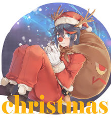 Rule 34 | 10s, 1girl, alternate costume, antlers, bag, black hair, blue eyes, blush, boots, christmas, fake horns, fake tail, gloves, hat, highres, horns, jewelry, kill la kill, long sleeves, looking at viewer, matoi ryuuko, multicolored hair, over shoulder, pants, red hair, red nose, red pants, reindeer antlers, ring, sack, santa costume, santa hat, short hair, solo, tail, two-tone hair, white gloves, yorukun