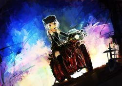 Rule 34 | 1girl, absurdres, character request, female focus, gloves, hat, highres, kaamin (mariarose753), motor vehicle, motorcycle, smile, solo, thighhighs, zettai ryouiki