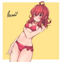 Rule 34 | 1girl, ahoge, arashi (kancolle), bikini, blush, breasts, cleavage, closed mouth, hair between eyes, highres, kantai collection, long hair, medium breasts, one-hour drawing challenge, patenusu, red bikini, red hair, signature, simple background, solo, sweat, swimsuit, two-tone background
