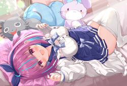 Rule 34 | 1girl, :d, absurdres, ahoge, blue hair, blue hairband, blue nails, blue skirt, blunt bangs, blush, breasts, clothes pull, colored inner hair, frilled sailor collar, frills, hairband, heart, heart-shaped pillow, high-waist skirt, highres, hololive, jacket, kanti15, large breasts, long sleeves, looking at viewer, lying, medium hair, minato aqua, minato aqua (sailor), multicolored hair, nail polish, neko (minato aqua), no shoes, on back, on bed, open clothes, open jacket, open mouth, pantyhose, pantyhose pull, pillow, pink eyes, pink hair, pleated skirt, sailor collar, school uniform, serafuku, sidelocks, skirt, smile, solo, streaked hair, stuffed animal, stuffed toy, two-tone hair, virtual youtuber, white jacket, white pantyhose
