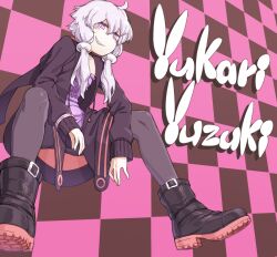 Rule 34 | 1girl, ahoge, black footwear, black hoodie, black pantyhose, black shorts, boots, bracelet, character name, checkered background, commentary request, dress, from below, grey hair, grin, half-closed eyes, highres, hood, hood down, hoodie, invisible chair, jewelry, leaning forward, long sleeves, looking at viewer, looking down, mochi (mochi444420), open clothes, open hoodie, pantyhose, purple dress, purple eyes, purple shirt, red hoodie, ringed eyes, sharp teeth, shirt, shorts, sitting, smile, solo, spread legs, teeth, two-tone hoodie, vocaloid, voiceroid, yuzuki yukari