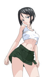Rule 34 | 1girl, black hair, blue eyes, blush, breasts, chouno ami, collarbone, girls und panzer, green skirt, looking at viewer, mal (malmlamal), midriff, miniskirt, navel, open mouth, short hair, simple background, skirt, small breasts, solo, tank top, white background, white tank top