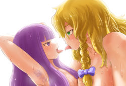 Rule 34 | 2girls, armpit hair, arms up, blonde hair, blue bow, blunt bangs, blush, bow, braid, commentary request, completely nude, cookie (touhou), hair between eyes, hair bow, imminent kiss, kirisame marisa, long hair, looking at another, mars (cookie), multiple girls, nude, open mouth, otemoto (baaaaloooo), patchouli knowledge, purple eyes, purple hair, side braid, simple background, single braid, sweat, taisa (cookie), tongue, tongue out, touhou, upper body, white background, yuri