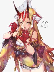 Rule 34 | !, 1girl, animal, animal on head, bare shoulders, blonde hair, body markings, breasts, cat, cat on head, claw pose, cowboy shot, facial mark, fang, fate/grand order, fate (series), fingernails, forehead mark, highres, horns, ibaraki douji (fate), japanese clothes, kimono, long hair, looking at viewer, miv4t, off shoulder, on head, oni, oni horns, open mouth, pointy ears, sharp fingernails, short kimono, simple background, small breasts, spoken exclamation mark, teeth, very long hair, white background, white cat, yellow eyes, yellow kimono