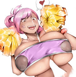 Rule 34 | 1girl, 1other, breasts, brown eyes, carolina (last origin), cheerleader, cum, cum on body, cum on breasts, cum on upper body, ejaculation, heart, highres, huge breasts, kenroku, last origin, looking at viewer, open mouth, paizuri, penis, pink hair, pom pom (cheerleading), pom pom (clothes), ponytail, simple background, smile, speech bubble, white background