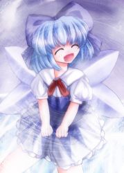 Rule 34 | 1girl, artist request, blue hair, cirno, highres, quality, ribbon, shiyou, short hair, solo, embodiment of scarlet devil, touhou, wings