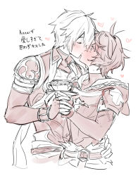 Rule 34 | 2boys, ahoge, belt, bishounen, blush, cape, coffee cup, commentary, commentary request, cowboy shot, cup, disposable cup, elbow gloves, fingerless gloves, full-face blush, gloves, granblue fantasy, hair between eyes, hand on another&#039;s hip, heart, highres, holding, holding cup, holding plate, hood, hood down, kiss, light blush, lucifer (shingeki no bahamut), messy hair, multiple boys, plate, sandalphon (granblue fantasy), short hair, short sleeves, sketch, spoken heart, spot color, surprise kiss, surprised, sweatdrop, tekki (tki), translation request, turtleneck, upper body, yaoi