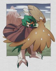 Rule 34 | border, brown cape, brown hat, cape, commentary, creatures (company), decidueye, full body, game freak, gen 7 pokemon, hat, highres, holding, holding clothes, holding hat, nintendo, open mouth, outside border, pkpokopoko3, pokemon, pokemon (creature), red pupils, solo, standing, unworn hat, unworn headwear, white border, yellow eyes