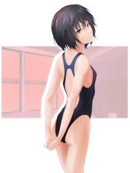 Rule 34 | absurdres, amagami, arms behind back, back cutout, bkhayatej, black hair, black one-piece swimsuit, blue eyes, blue one-piece swimsuit, breasts, closed eyes, clothing cutout, commentary, competition swimsuit, cowboy shot, from behind, hair between eyes, highleg, highleg swimsuit, highres, looking at viewer, messy hair, nanasaki ai, one-piece swimsuit, outside border, short hair, small breasts, solo, standing, swimsuit, two-tone swimsuit, window